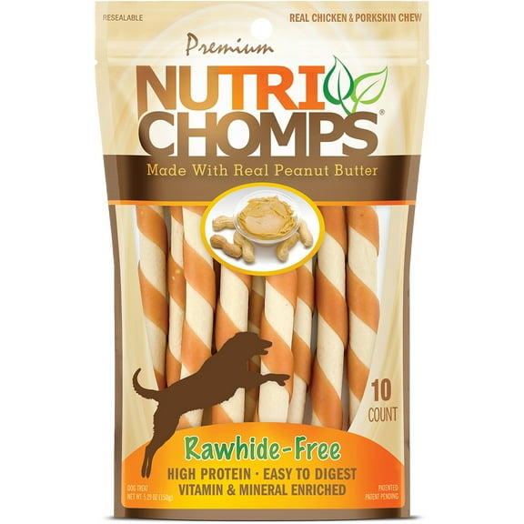 Nutri Chomps Premium Rawhide-Free Mini Twist Sticks Dog Treats, Peanut Butter Flavor, 10 Count