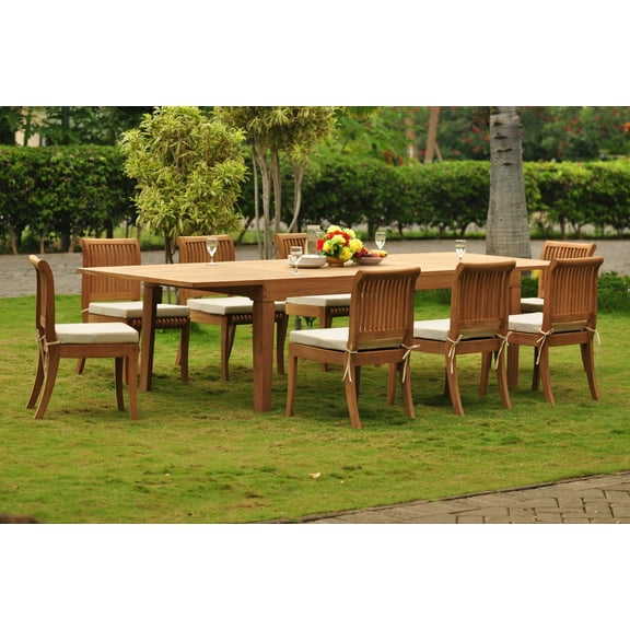Teak Dining Set: 8 Seater 9 Pc: Large Caranasas 122" Dining Rectangle Table Table & 8 Giva Armless Chairs Outdoor Patio Grade-A Teak Wood WholesaleTeak #WMDSGV59