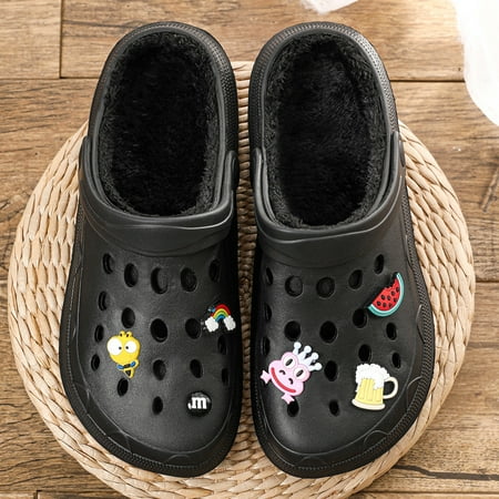

Rush Unisex Classic Lined Clogs | Plush Slippers Black (with shoe flower) 40 S3456