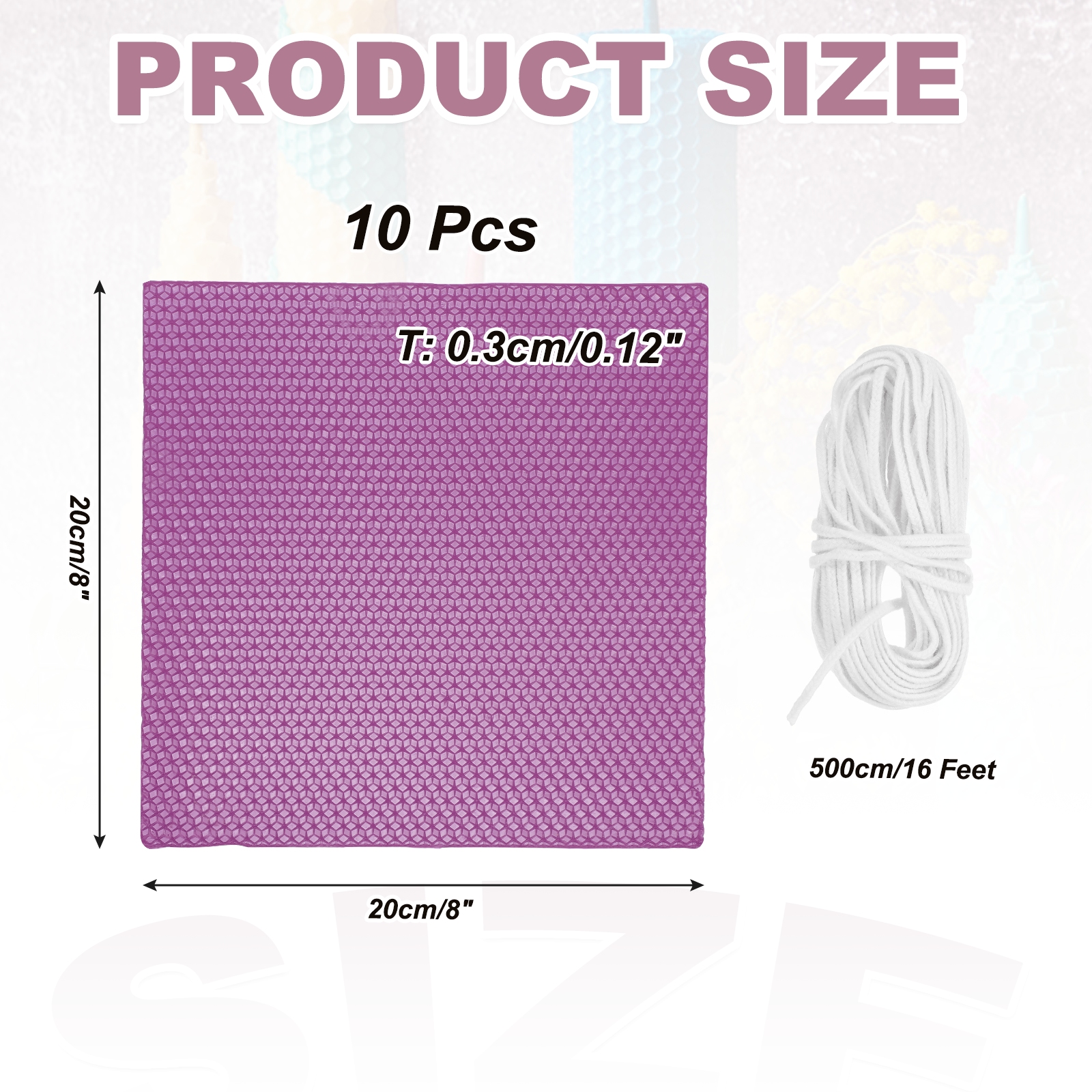 10pcs Beeswax Candle Making Kit, 8"x8" Purple Beeswax Sheet with 1pcs Wick
