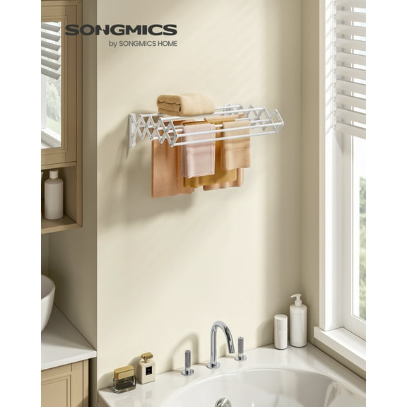 Wall-Mounted Accordion Drying Rack with 9 Expandable Rods, 22 lb Capacity Space-Saving Laundry Rack, Cloud White