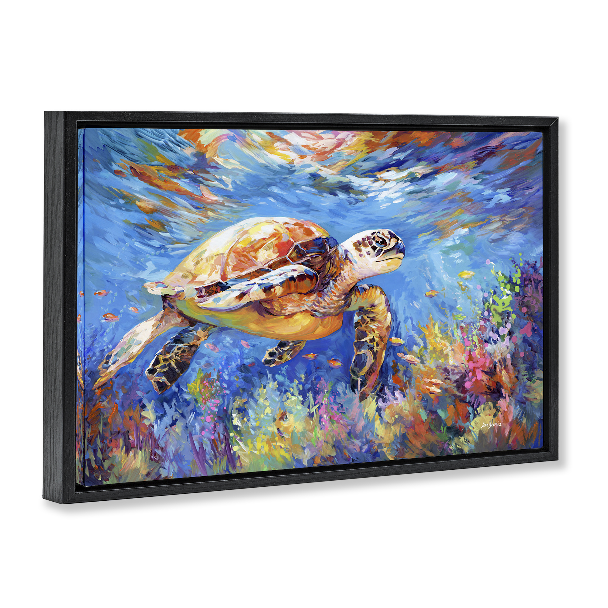 Stupell Industries Sea Turtle's Adventure Animals & Insects Painting Black Floater Framed Canvas Art Print Wall Art, 25 x 17
