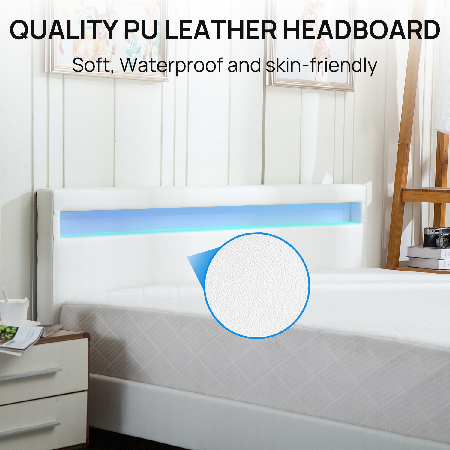 Walsport Queen Size Platform Bed Upholstered Bed Frame Bedroom LED Light Headboard with Color Changing LED Light Slats Bed(White)