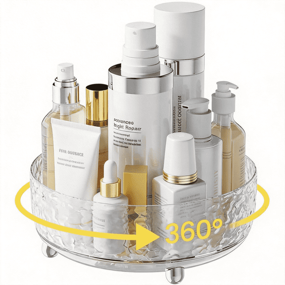 9" Rotating Perfume Organizer, Crystal Makeup Organizer & Skincare Vanity Tray, 360° Lazy Susan Bathroom Storage for Cosmetics & Toiletries, Water Ripple Design, Clear