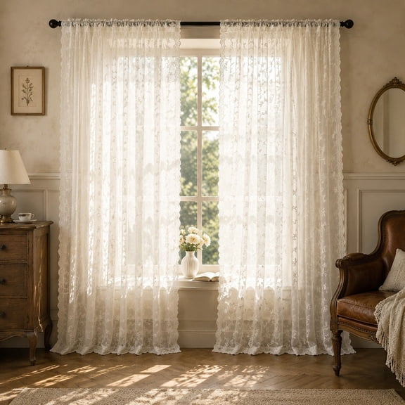 Vintage Floral Sheer Lace Curtains 52"W x 63"L, Light Filtering Lace Curtains with Scalloped Edges, Rod Pocket Window Curtain Panels for Bedroom Living Room (White)