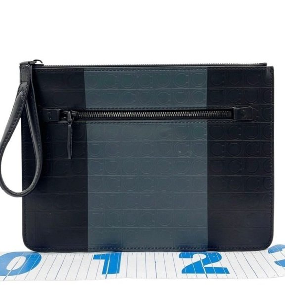 Pre-Owned Salvatore Ferragamo Clutch Bag Gancini GG-24 A253 Black x Gray Leather Men's