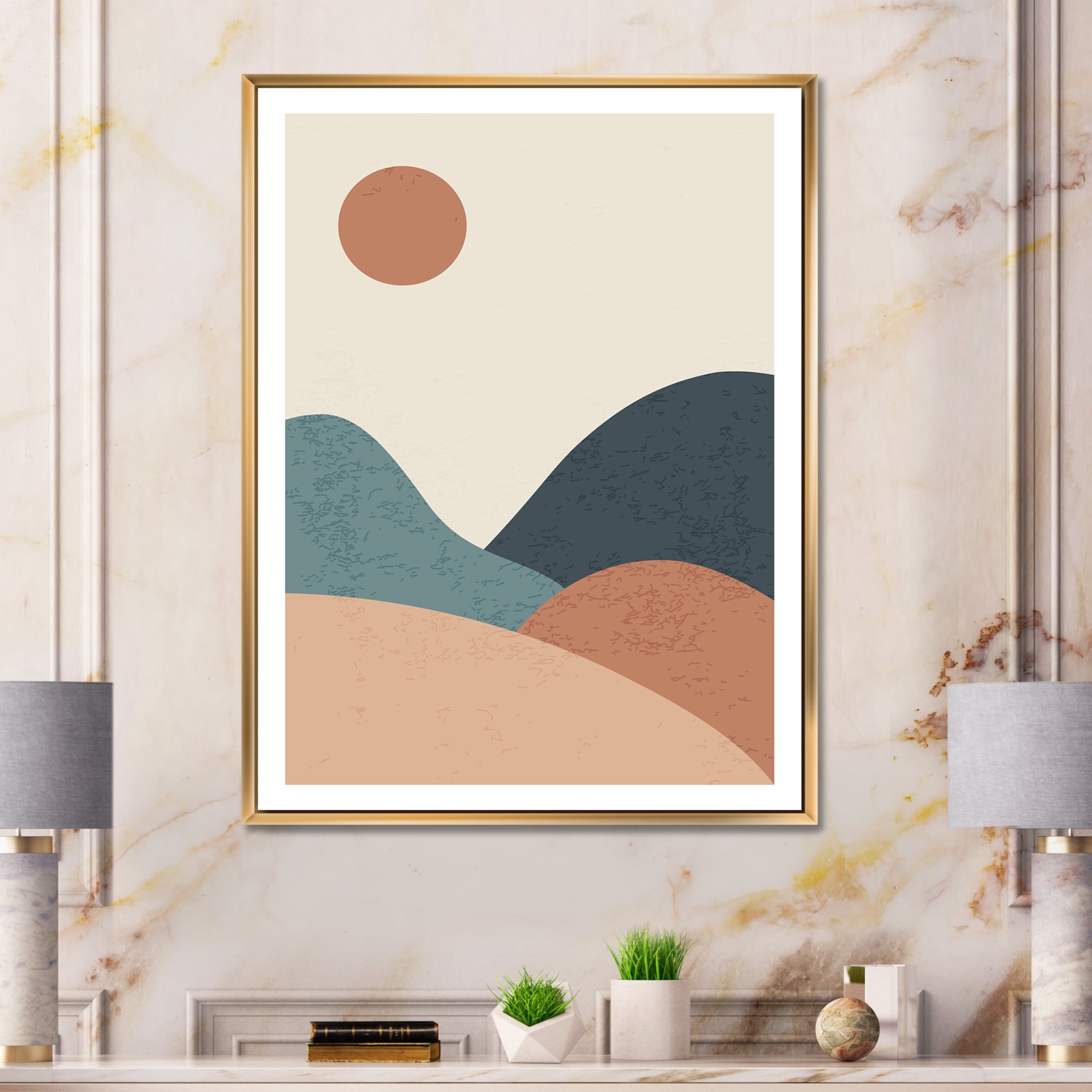 Minimalist Vintage Landscape With Lake At Sunset 16 in x 32 in Framed Painting Canvas Art Print, by Designart