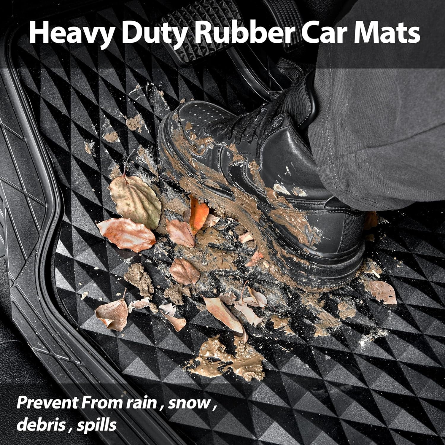 CAR GRAND Heavy Duty Rubber Car Mats, Deep Dish All-Weather Floor Mat for Car Full Set Durable Anti-Slip 3D Rhombus Waterproof Trim  Liner Universal Fit Automotive,Sedan,SUV,Truck, 3 Piece Black