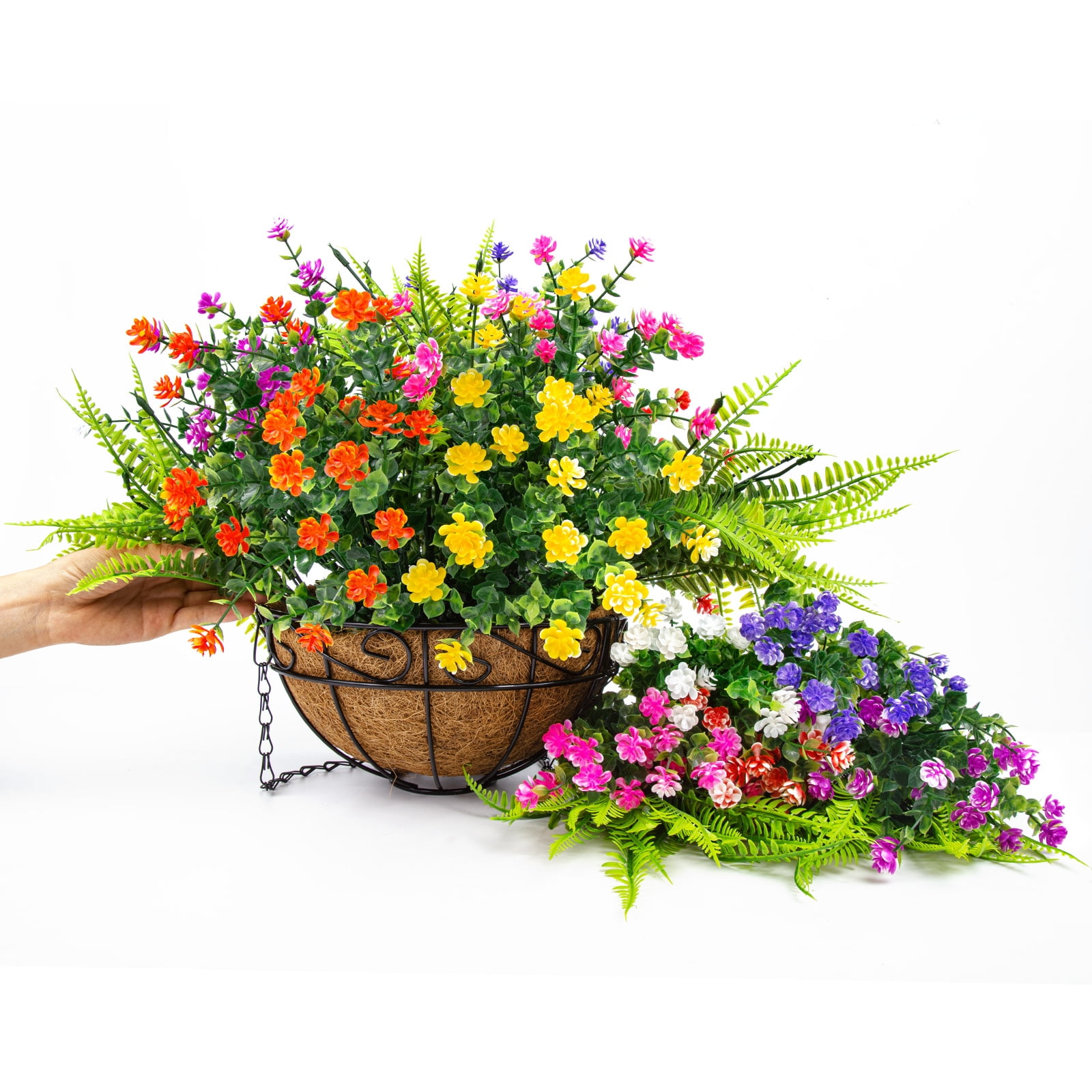 Scidweet Artificial Hanging Flowers with Basket, 12 Pcs Outdoors Fake Plants with Coconut Lining Basket Spring Summer Decoration for Home Garden Decor, Mixcolor