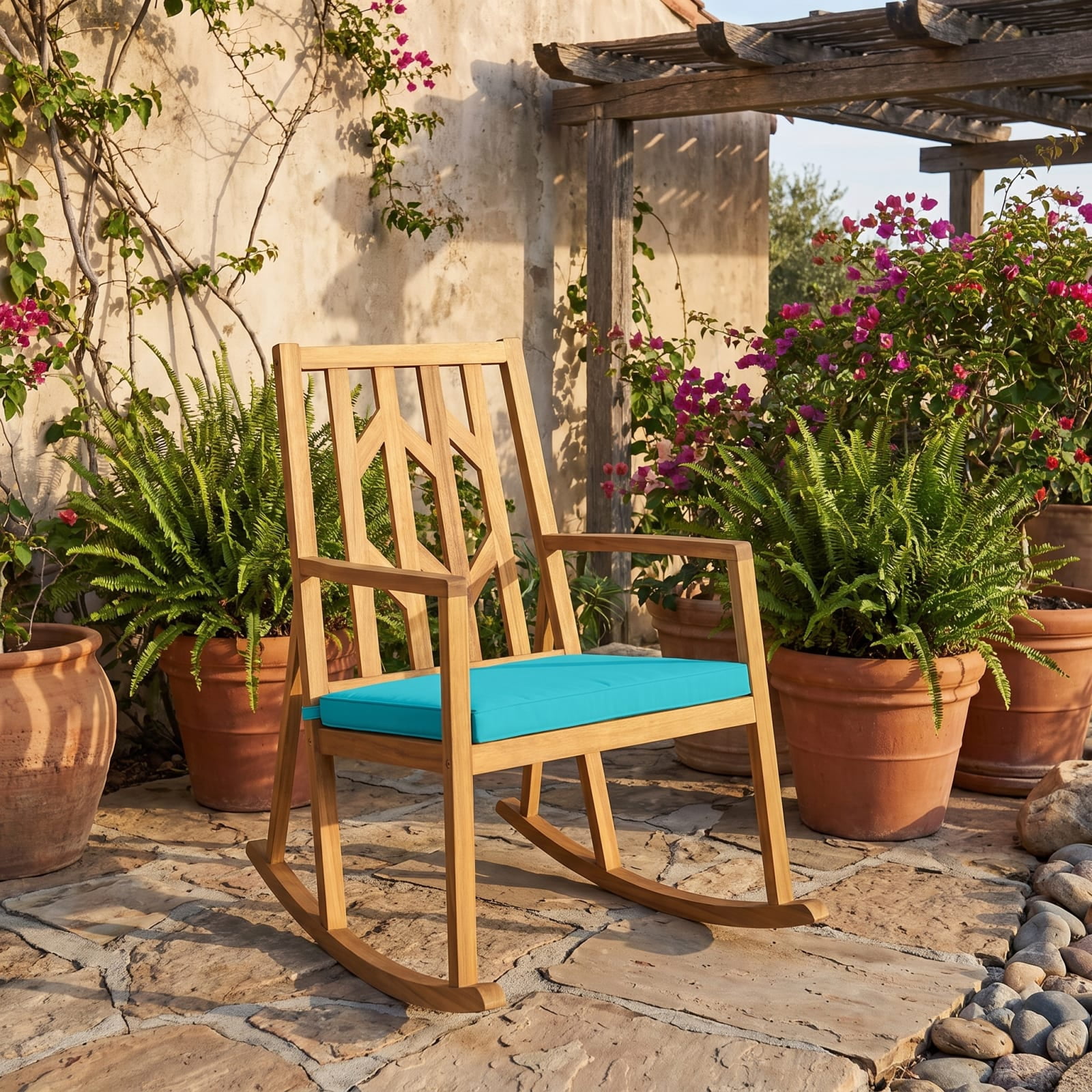Furnibear Turquoise Outdoor Rocking Chair Acacia Wood for Porch Deck Balcony Holds 350 lbs Weather-Resistant Outdoor Furniture