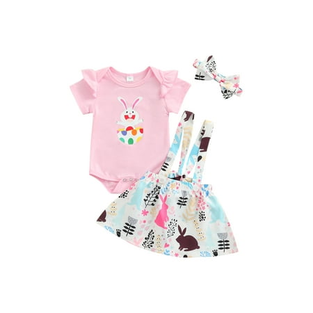 

LEVEFORD Baby Girl’s Rabbit Short Sleeve Romper and Suspender Skirt Headband