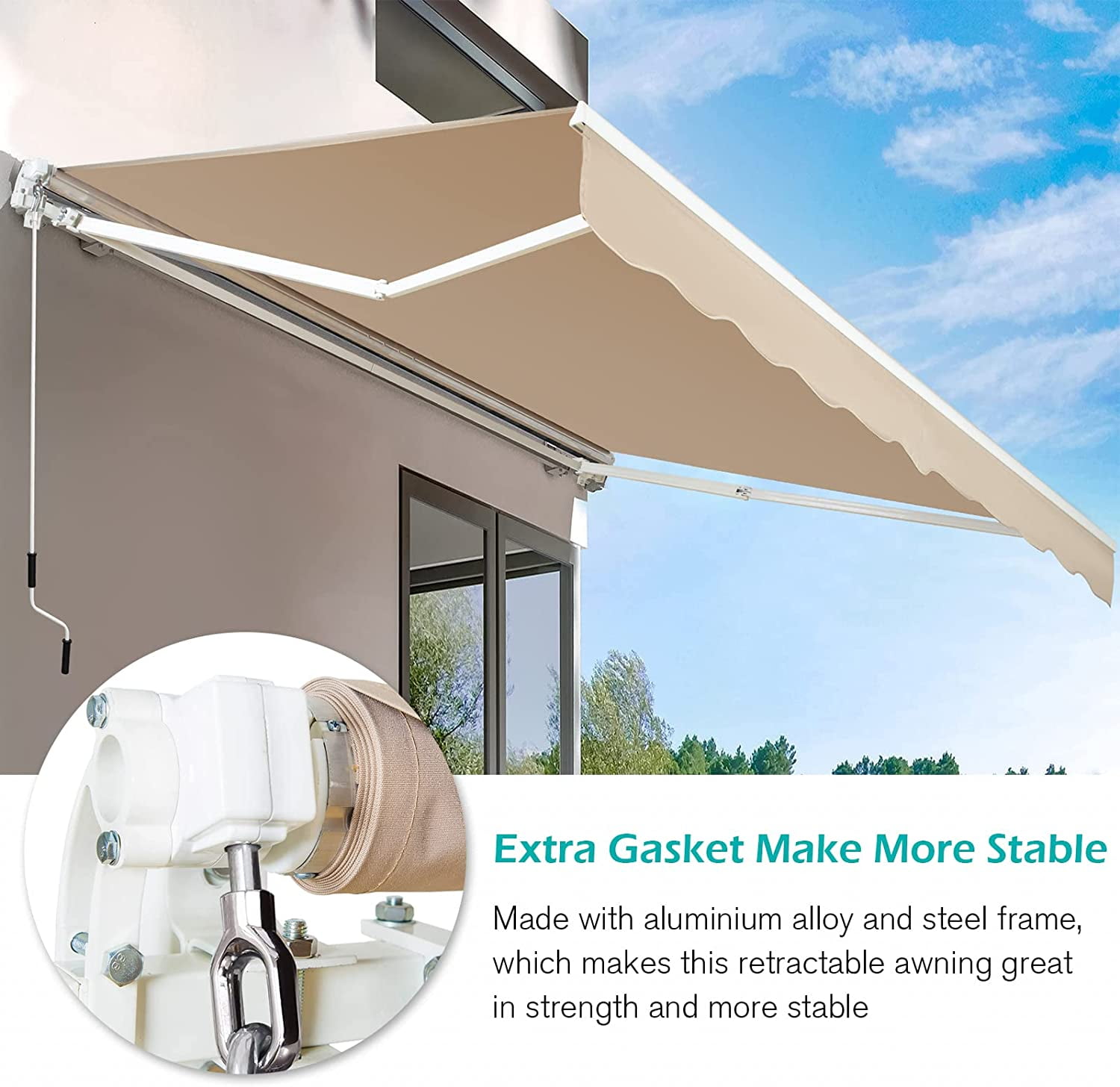 AECOJOY 13' x 8' Manual Retractable Patio Awning,Outdoor Awning Retractable Sunshade Shelter-Beige