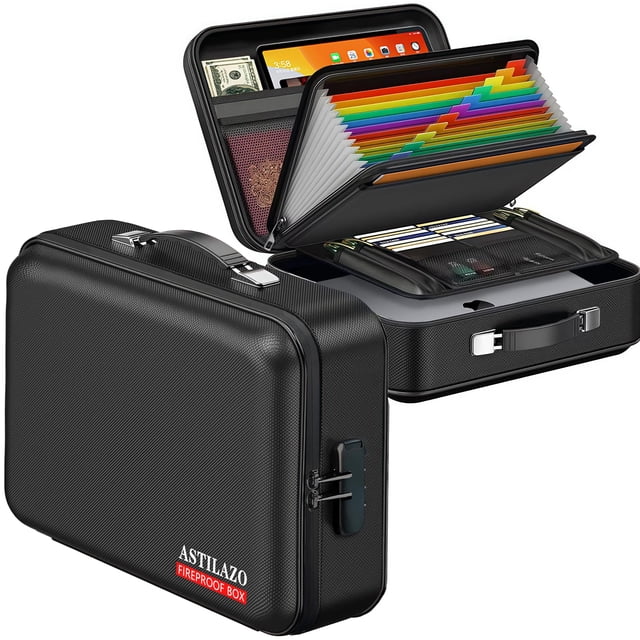 ASTILAZO Fireproof Document Box with Lock, Hard Shell File Organizer Lock Case Waterproof Portable Fire Safe Storage Bag for Important Documents,Lapt