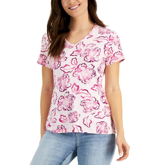 Karen Scott Peony Floral V Neck Top Blush XS