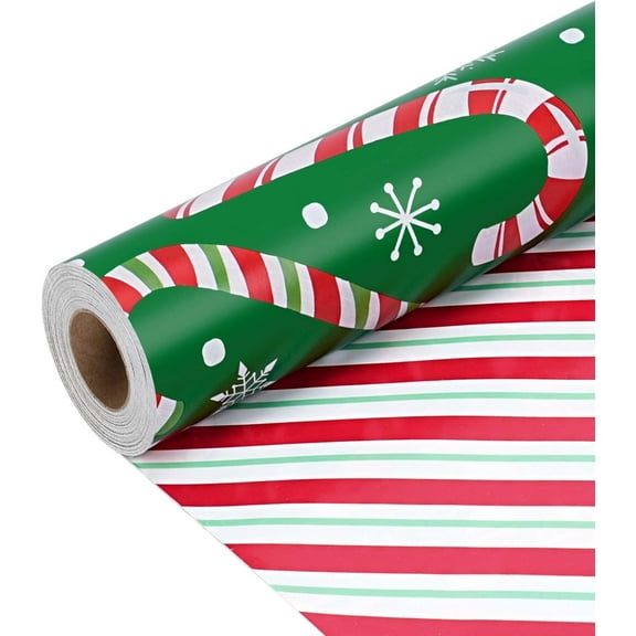 Reversible Green Christmas Wrapping Paper Roll, Classic Candy Cane & Red Striped Gift Wrap, 17 Inch x 33 Feet