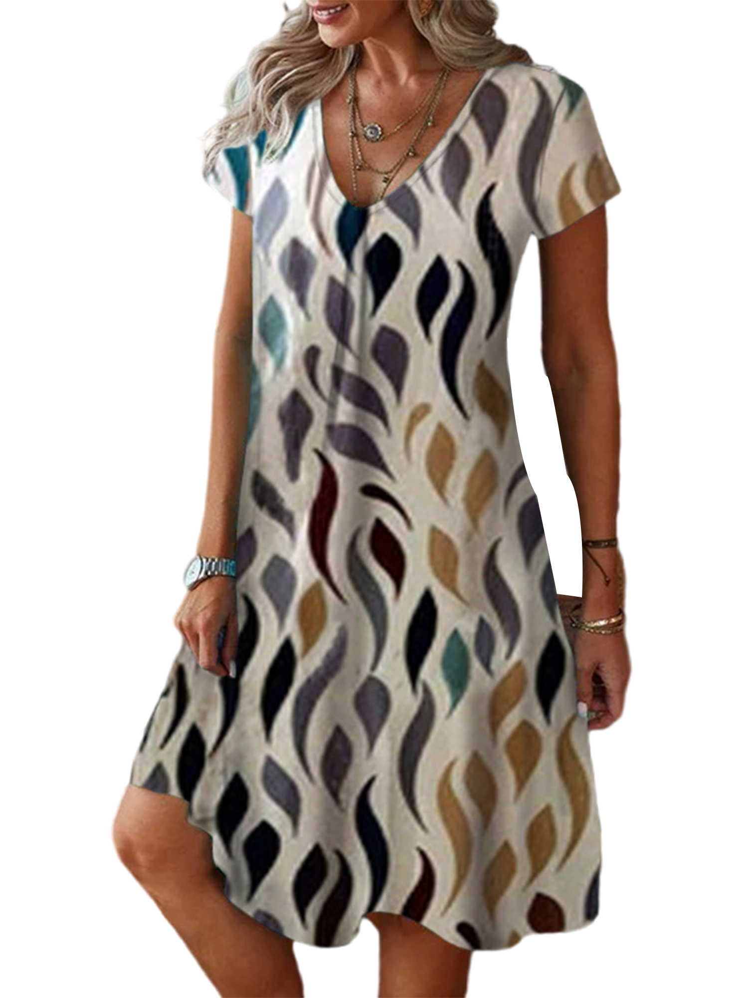 MAWCLOS Ladies Swing Dresses Floral Print Knee Length Dress Short