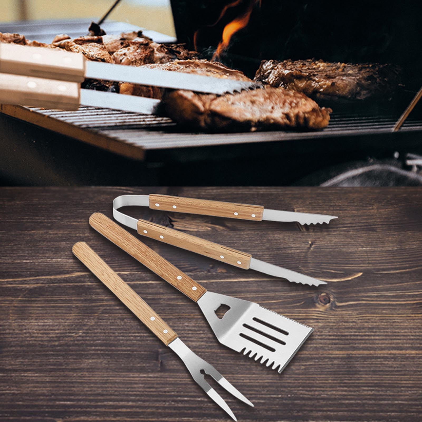 UYUH Grill Accessory Set, 3-Piece Stainless Steel Tools for Blackstone Griddle and Camping, Includes Spatula, Tongs, and Fork with Wooden Handles, Durable and Heat-Resistant