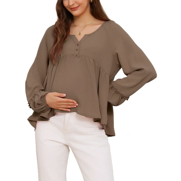 Blusa de maternidad chic para el Día de las Madres, asimétrica, cuello en V, estilo babydoll, botones, mangas largas, color marrón