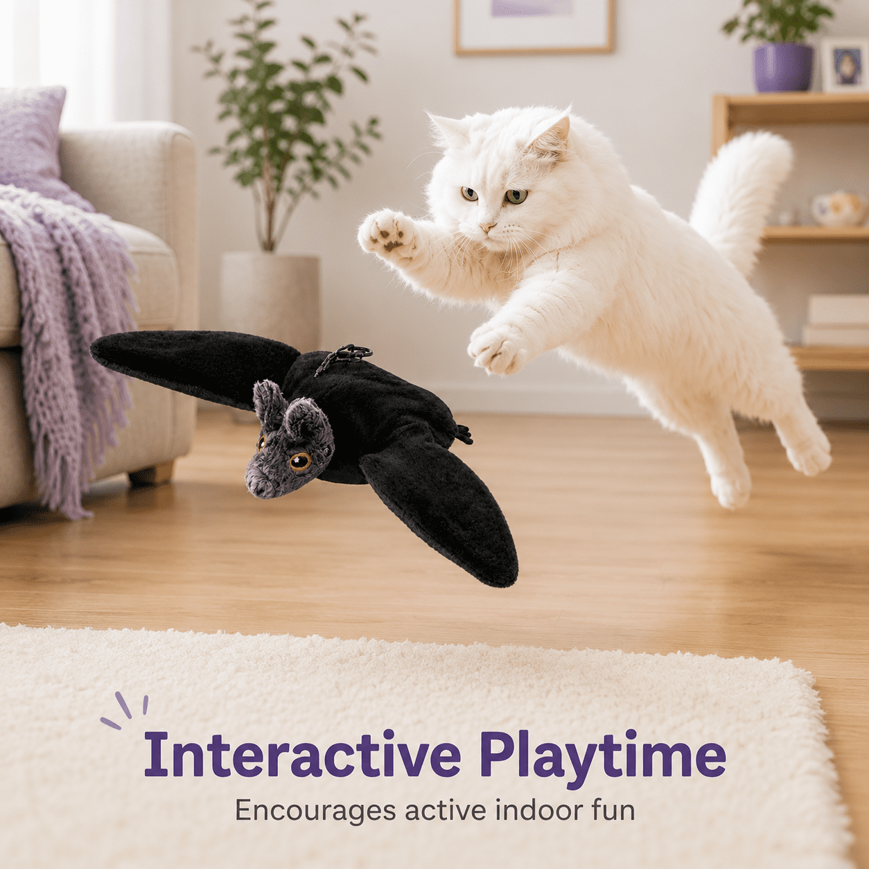 Pawbat Flying Bat Toy, Interactive Flying Bat Pet Toy, USB Rechargeable Automatic Flapping Plush for Pet, Catnip Pocket with Hanging Rope