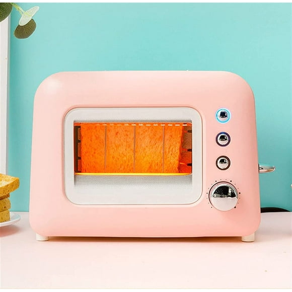 Automatic Transparent 2 Slice Toaster,Stainless Steel, Multi-Function Adjustable Browning Control,with Defrost, Reheat and Cancel Buttons, Portable Easy to Use (Color : Pink)