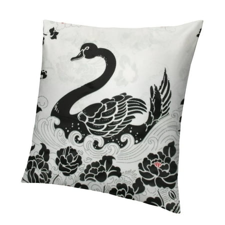

QCPP Swan Black Swans Couple Abstract Waves Swirling Flowers Pattern Short Plush Pillow Case 1-Piece Set Printed on Both Sides 1PC 18x18in