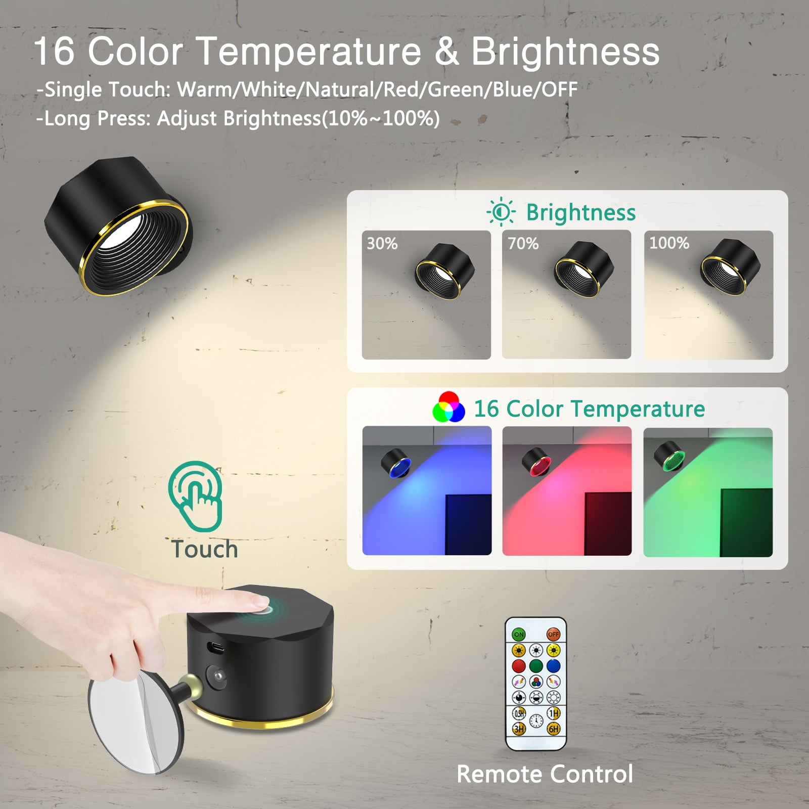 Wall Lamp, ORIA LED Wall Mounted Reading Lights, Wall Sconces with USB Charging Port 3 Brightness Levels Magnetic Ball 360Rotation Dimmable Touch Control, Lamps for Kids Study Bedside Closet