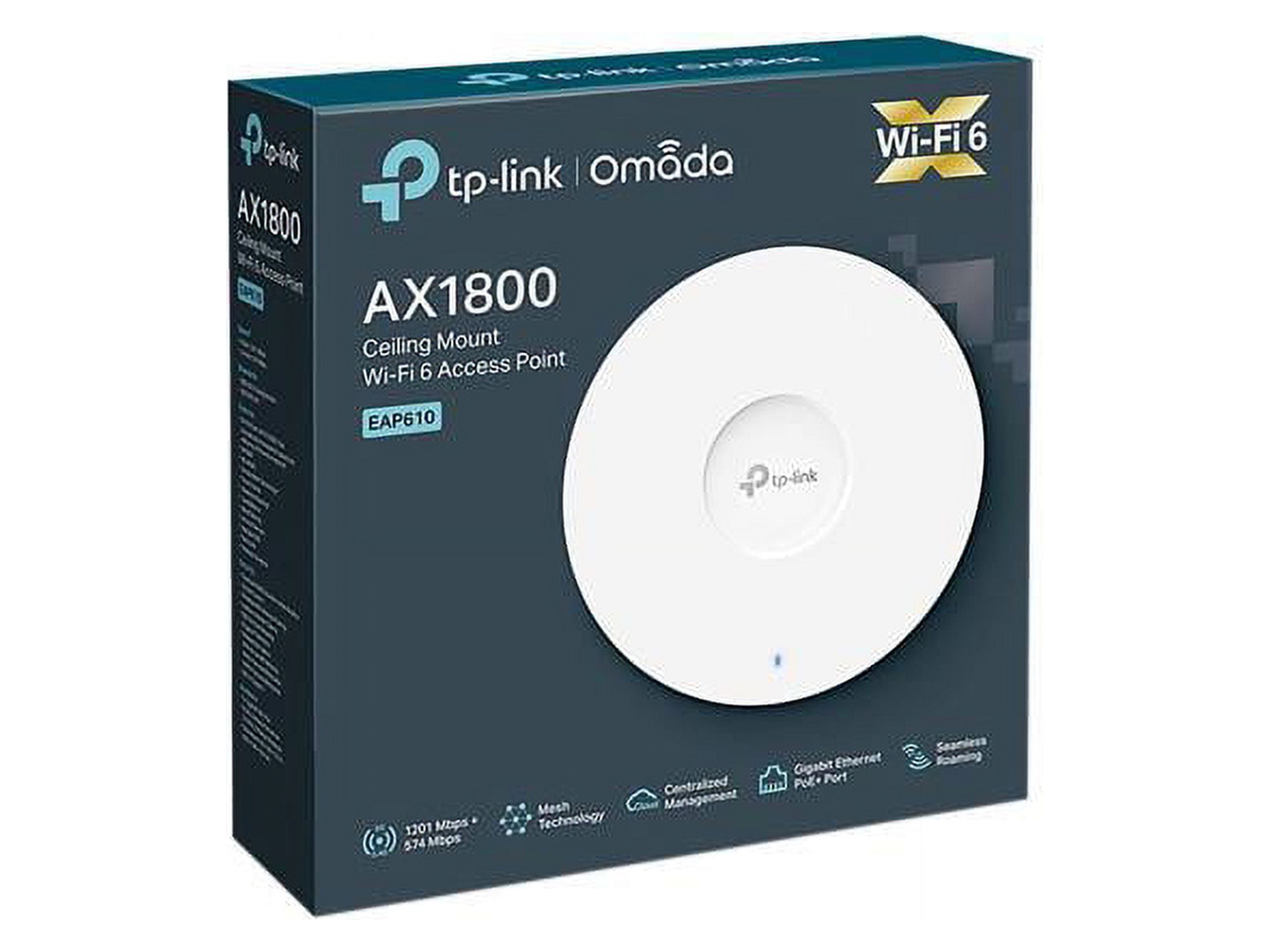 TP-Link Omada EAP610 Dual Band 802.11ax 1.73 Gbit/s Wireless Access Point -  Indoor - 2.40 GHz, 5 GHz - Internal - MIMO Technology - 1 x Network (RJ-45)  - Gigabit Ethernet - PoE+ (RJ-45) Ports - 10.80 