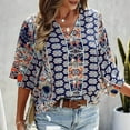 thumbnail image 3 of Womens V Neck 3/4 Sleeve Tops Bohemian Printed Mexican Peasant Blouses Loose Casual Bell Sleeve Button Down Shirts, 3 of 5