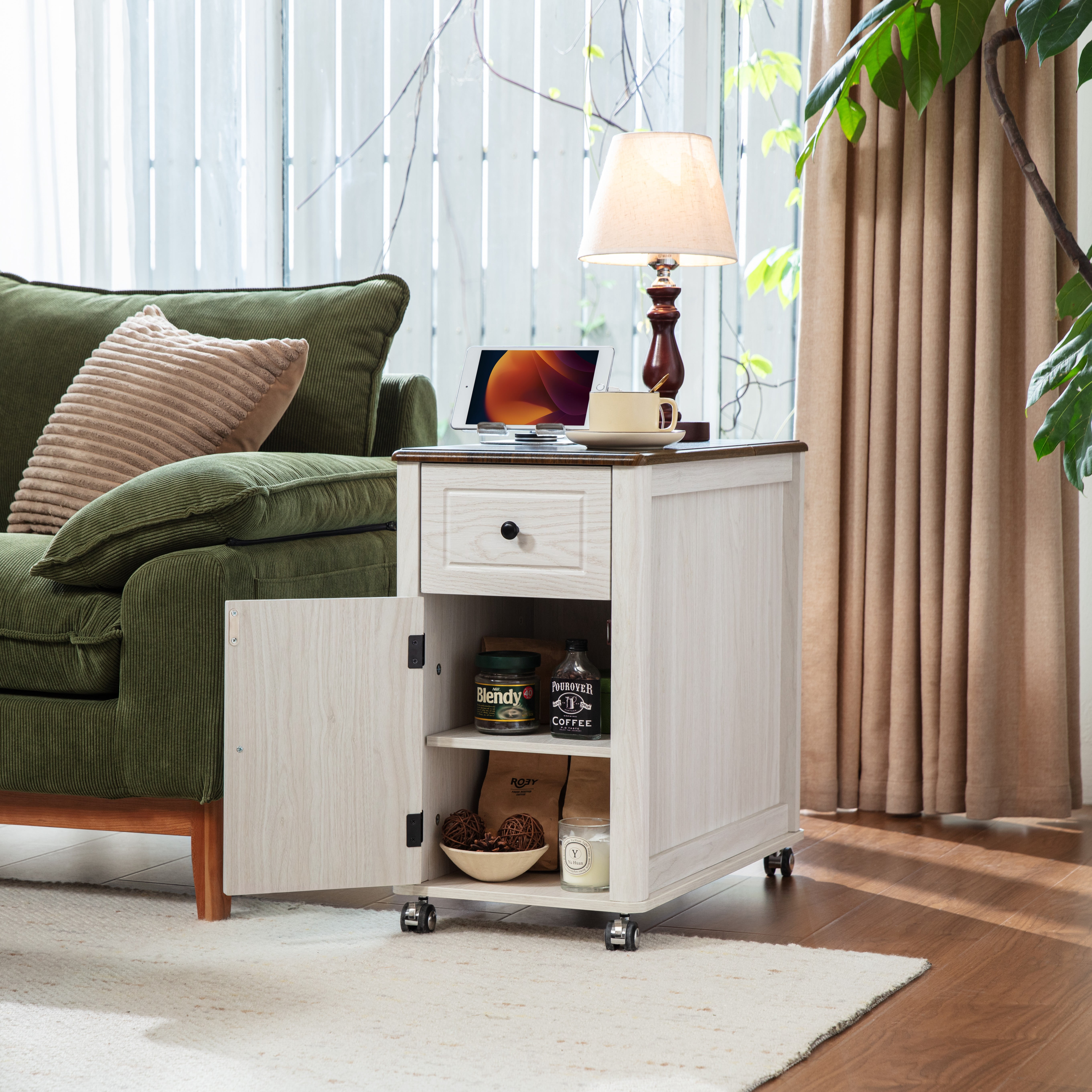 CHIC HOUSE End Tables for Living Room with Charging Station Wheels, Farmhouse Nightstand for Bedroom with Drawer Storage, Wheeled Narrow Side Tables Accent Tables, Small Tables for Small Space, Oak
