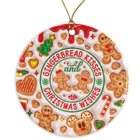 Gingerbread Kisses Christmas Ornament - Holiday Decor - Gingerbread House Christmas Wishes Ornament Ceramic Ornament - 3 Inch Christmas Tree Round Ornament - Xmas Holiday Decor ORNW0152