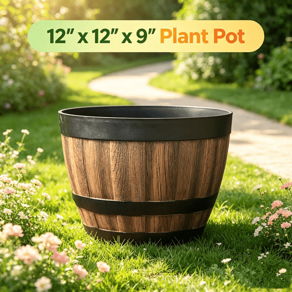 Fompes Plant Pot,Flower Pot,Yard Patio Flowerpot Faux Whiskey Barrel Shape Home Decor Plastic Indoor Outdoor for Garden