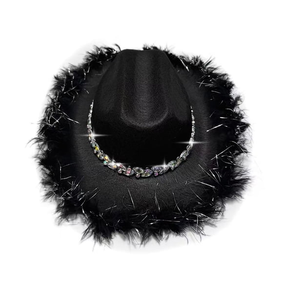 Kids' Feather Trimmed Rhinestone Edged Cowboy Hat Four Colors Sparkling Cowboy Hat Black