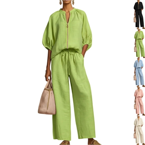 Two Piece Outfits for Women Zip Front Top Wide Leg Pants Set Casual Summer Matching Set Loose Fit Tracksuit Green M