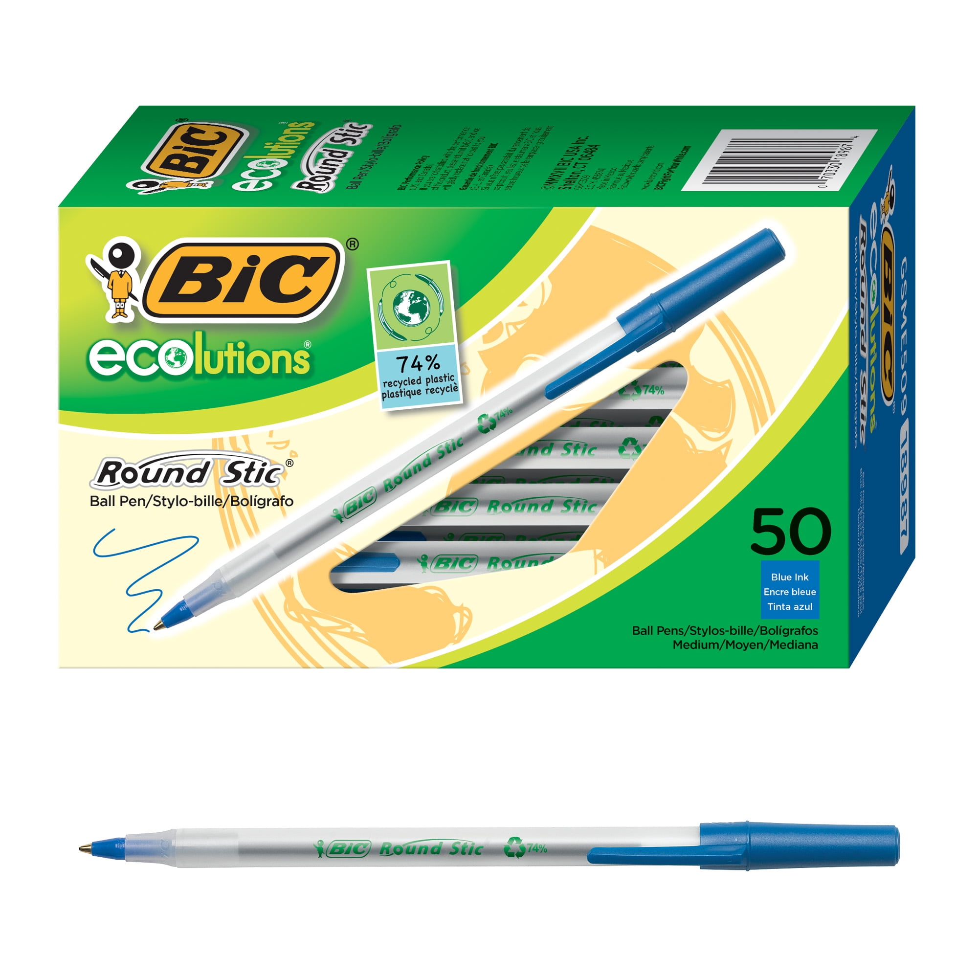 BIC Ecolutions Round Stic Ball Pen, Medium Point (1.0mm), Blue, 50 BIC Ecolutions Round Stic Ball Pen, Medium Point (1.0mm), Blue, 50