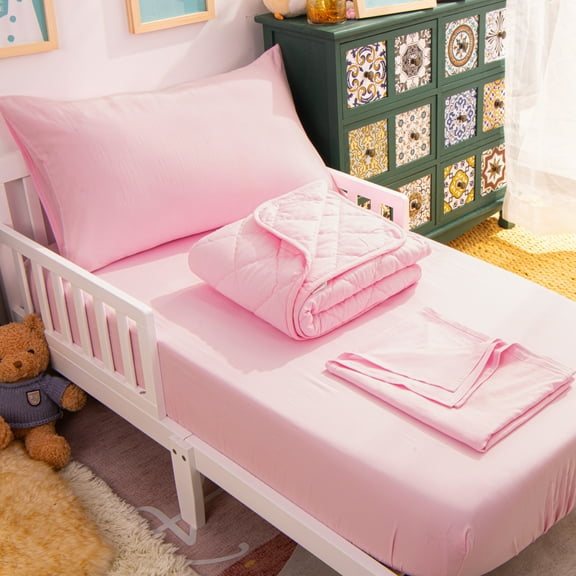 Ntbay 4 Piece Microfiber Toddler Bedding Set, Ultra Soft and Breathable Crib Sheet Set, Includes Quilted Comforter, Fitted Sheet, Flat Top Sheet and Envelope Pillowcase, Pink