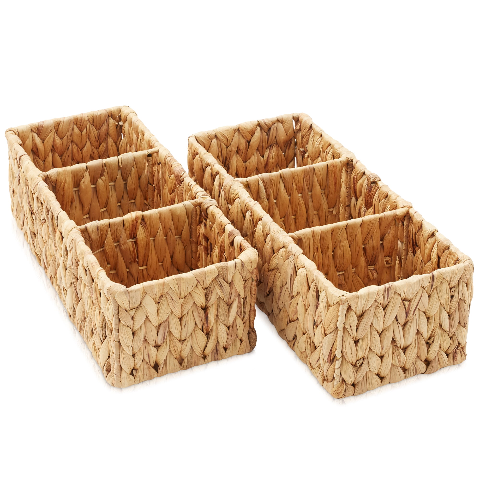 Casafield Set of 2 Water Hyacinth Storage Baskets with 3 Sections, Natural - Woven Bin Organizers for Bathroom, Laundry, Pantry, Office, Shelves