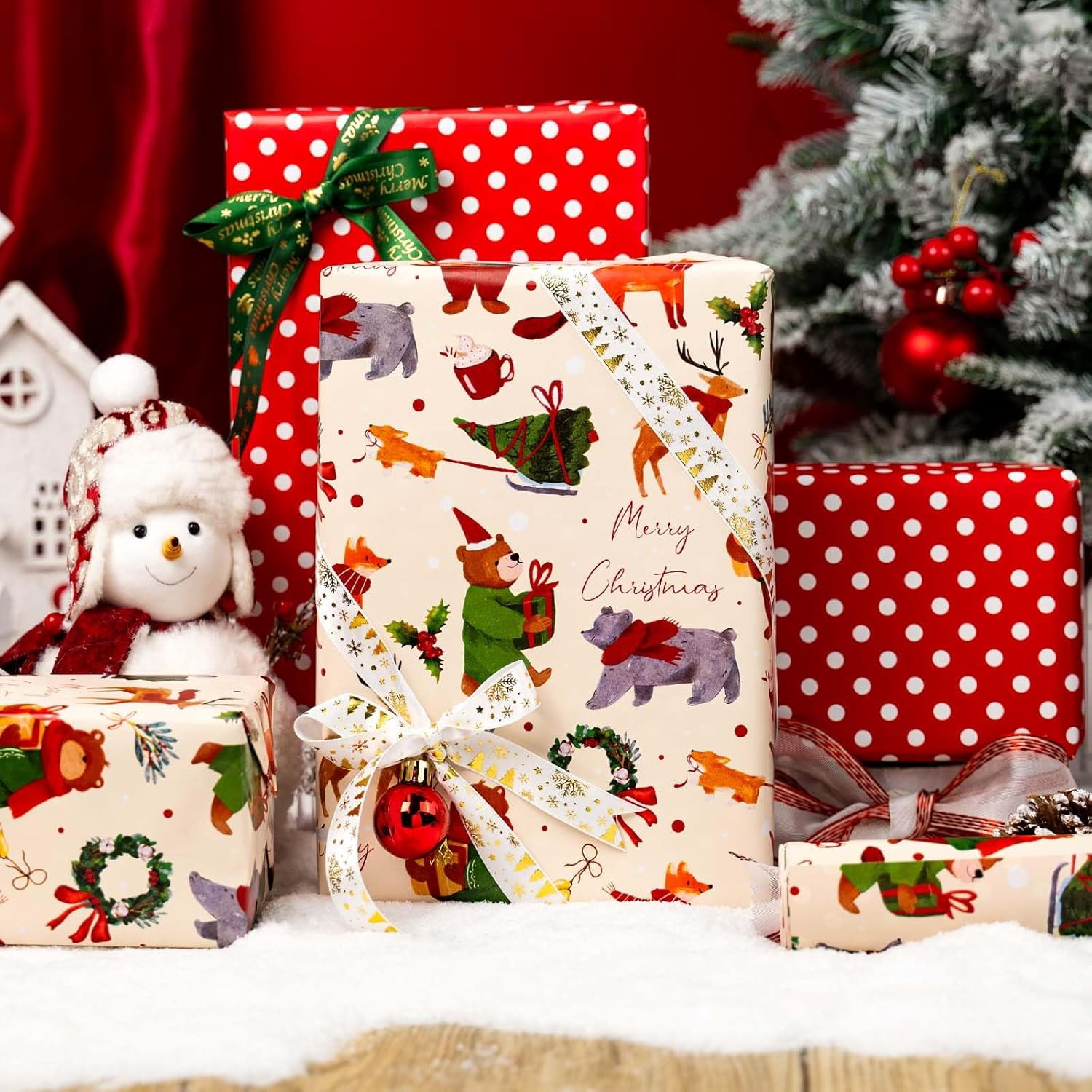 Christmas Wrapping Paper, Reversible Bear, Foxes have Christmas Design Gift Wrapping Paper Suitable for Holiday, Mini Roll (17 Inch X 32.8 Feet)