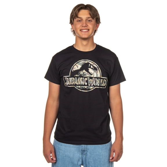 Jurassic World Men's T-Shirt Camo Filled Logo Design Adult Short Sleeve Crewneck Tee