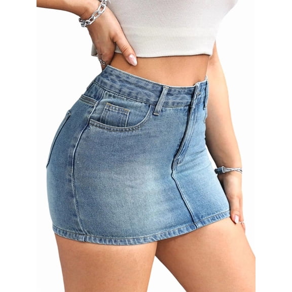 Women'S Denim Jean Skirt Mini Y2K Low Waisted Casual Cute Skirts with Pockets Light Blue XL