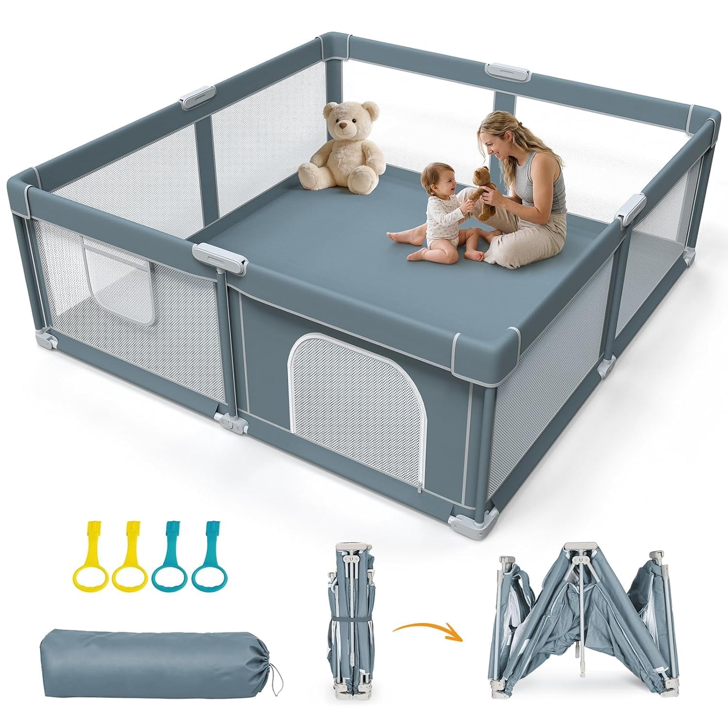 Foldable Baby Playpen, Extra Large Collapsible Play Yard for Babies and Toddlers, 71"X79"X27" Quick Setup Play Pen with 4 Handles
