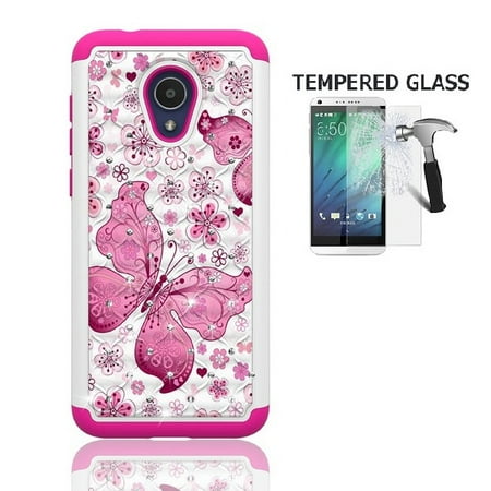 Studded Cage - Phone Case for Straight Talk Alcatel TCL LX / TracFone Alcatel TCL LX / Alcatel idealXTRA Case / Alcatel 1X Evolve, Studded Diamond Cover Case + Tempered Glass Screen Protector (White-pink butterfly)