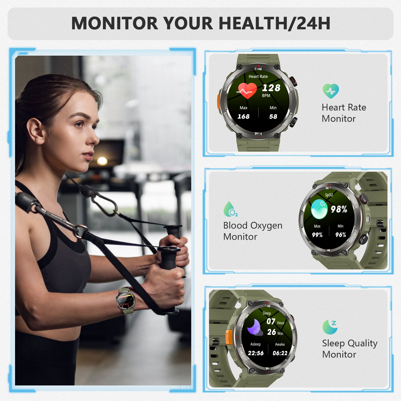LUOMATE 1.45" Men Military Smartwatch with Fitness Tracker, Bluetooth Calling, 100+ Sport Modes, IP68 Waterproof, Pedometer, Outdoor Sports Watch Compatible Android iPhone (Green)