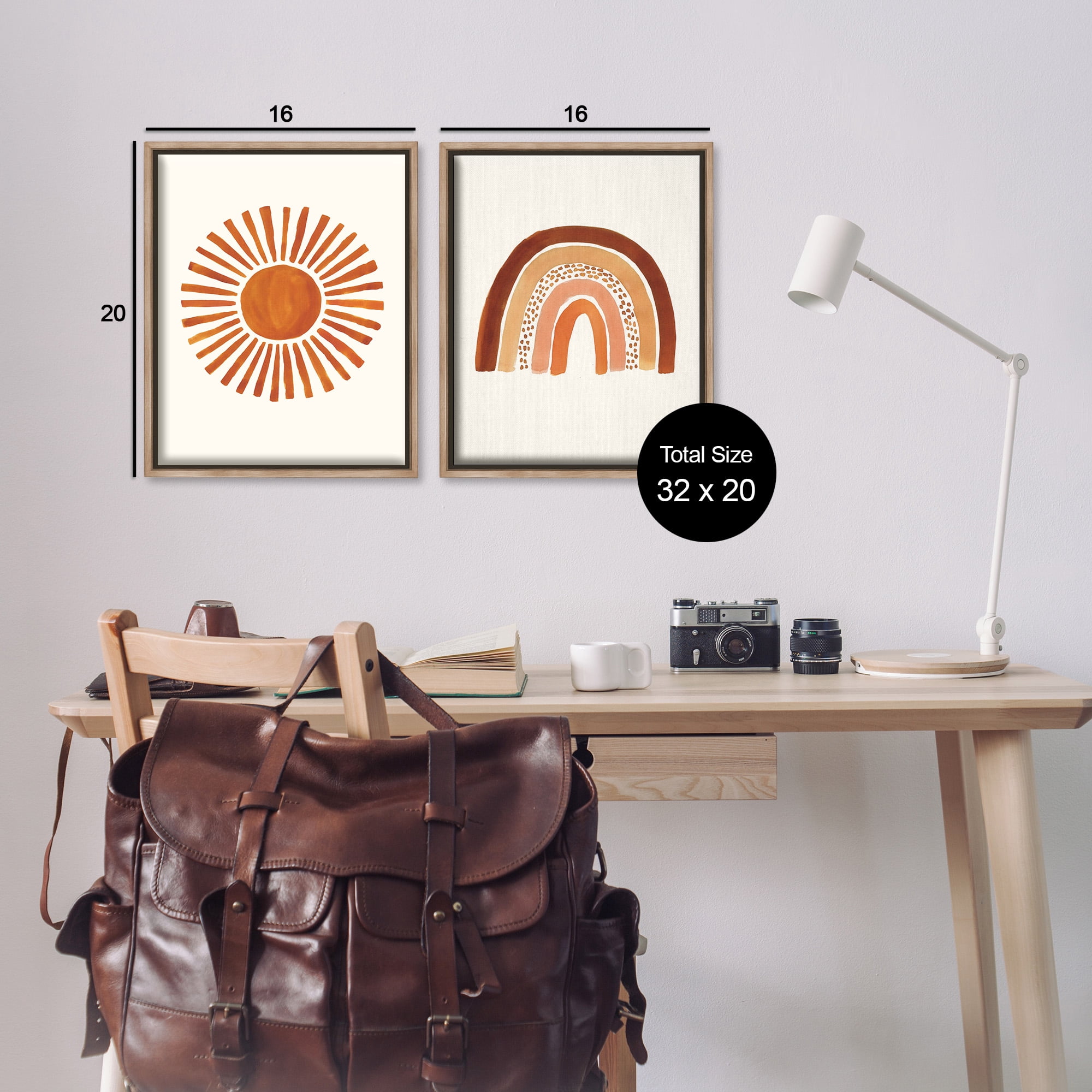 Stupell Industries Orange Sun Patterned Rainbow Boho Landscape Painting Brown Floater Framed Canvas Art Print Wall Art, 17 x 21, Set of 2