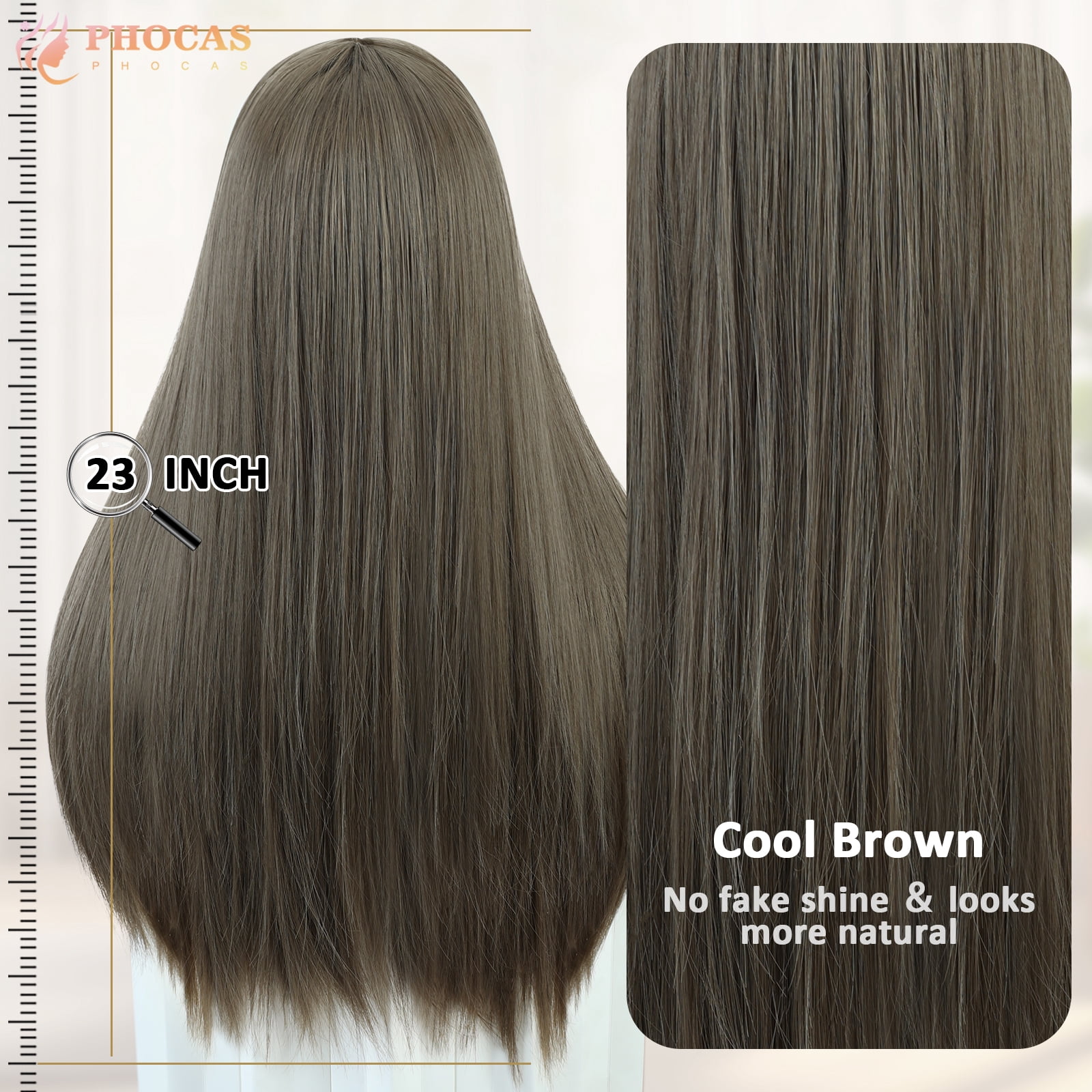 Phocas 23" Long Straight Brown Wig with Bangs Middle Part Layered Cool Light Brown Wig Wear and Go Heat-Resistant Natural Synthetic Wigs for Women Daily Party Use