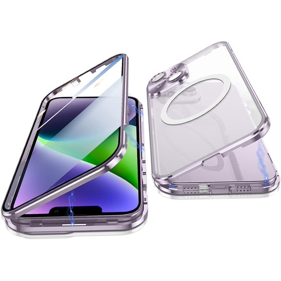Case for iPhone 14 Plus, 360 Degree Double-Sided Protection Compatible with Magsafe Magnetic Adsorption Metal Bumper Front Tempered Glass Back Frosted PC Cover for 14 Plus 6.7" (Purple)
