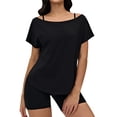 thumbnail image 2 of HOMBOM Womens Tops Short Sleeve T-Shirts Off The Shoulder Boat Neck Black Summer Solid Lightweight Graphic Tees for Women, 2 of 5
