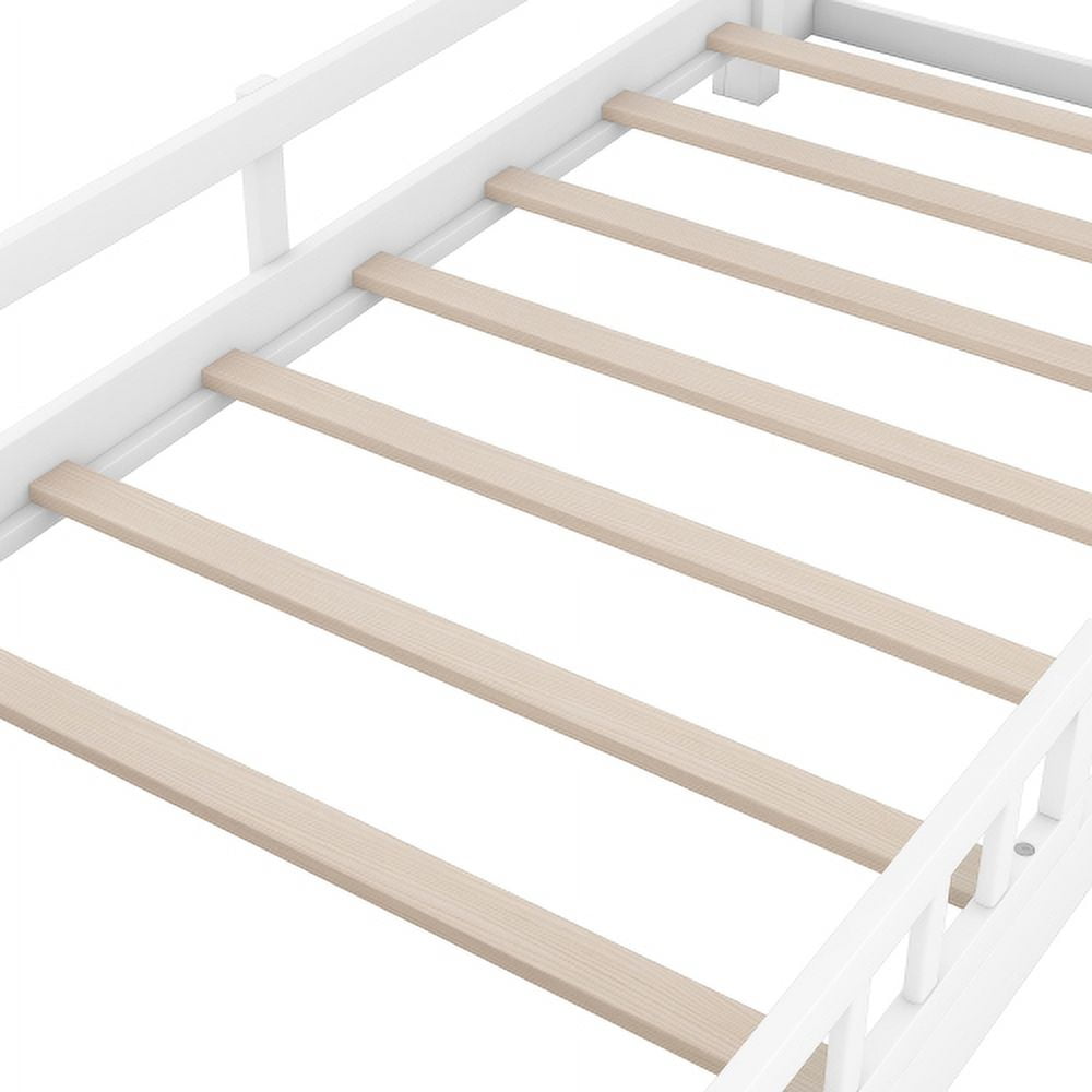 HICOMILA Twin Size Bed with Safety Guardrails and Storage Headboard, Wood Platform Bed Frame with Shelves and Built-in LED Light, White