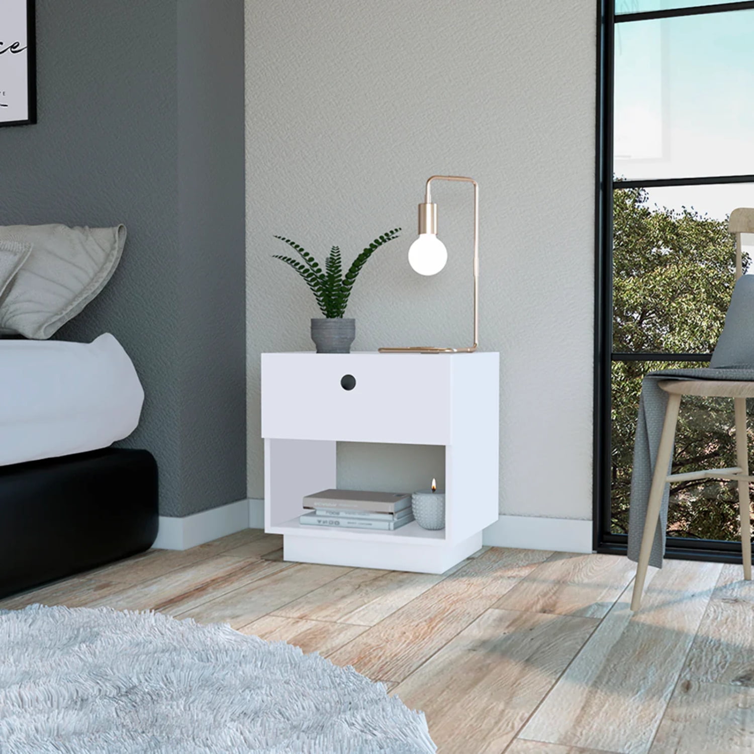 HomeRoots 526155 19.69 x 18.5 x 15.75 in. White 1-Drawer Faux Wood Nightstand