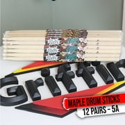 Griffin Elite Maple Wood Drum Sticks - 12 Pairs 5A Drumming Classic Raw Grit