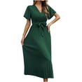 thumbnail image 2 of Womens Summer Ruffle Sleeves Long Dresses Casual V Neck Short Sleeve Smocked Maxi Dress Loose Swing Hem Pleated Dress, 2 of 9